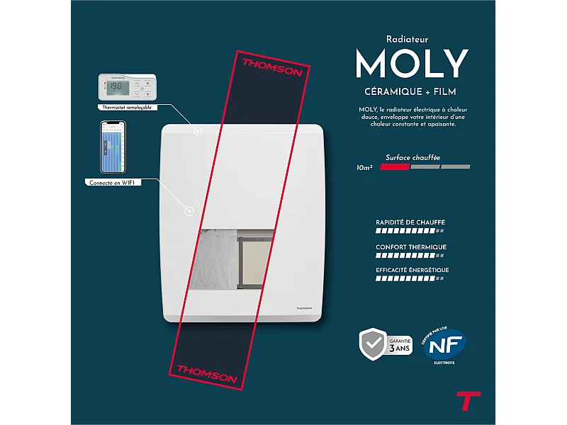 Radiateur électrique fixe connecté WiFi à inertie sèche céramique + film avec thermostat interchangeable 1000W THOMSON MOLY horizontal blanc