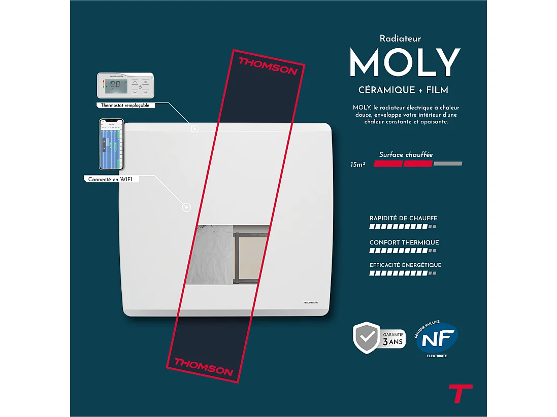 Radiateur électrique fixe connecté WiFi à inertie sèche céramique + film avec thermostat interchangeable 1500W THOMSON MOLY horizontal blanc