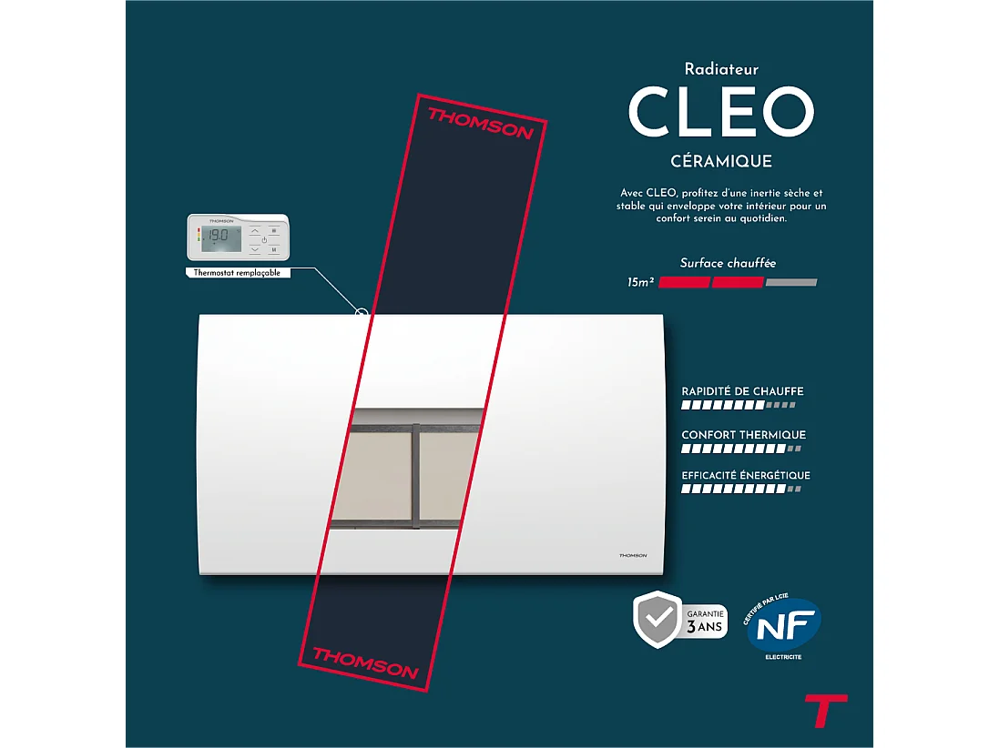 Radiateur électrique fixe à inertie sèche céramique avec thermostat interchangeable 1500W THOMSON CLEO horizontal blanc