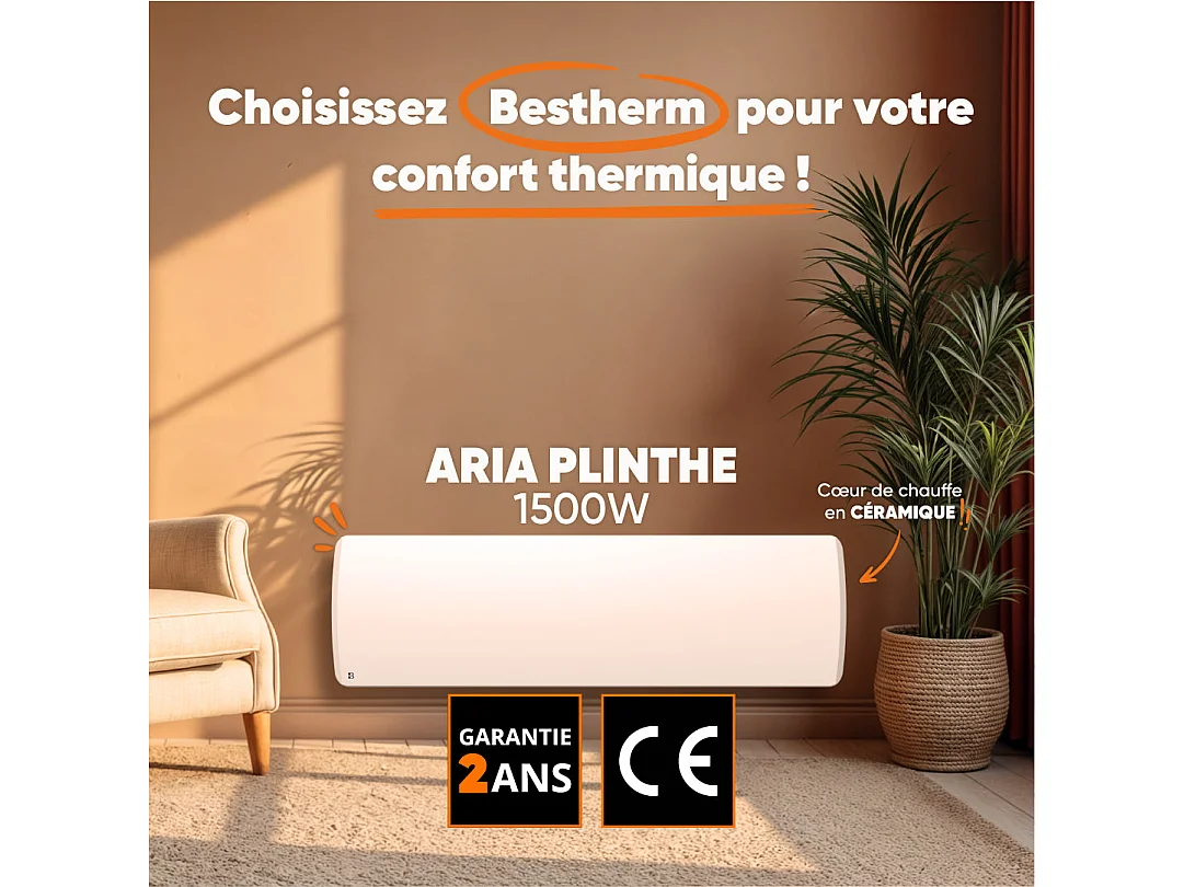 Radiateur électrique fixe à inertie sèche céramique 1500W Bestherm ARIA plinthe blanc