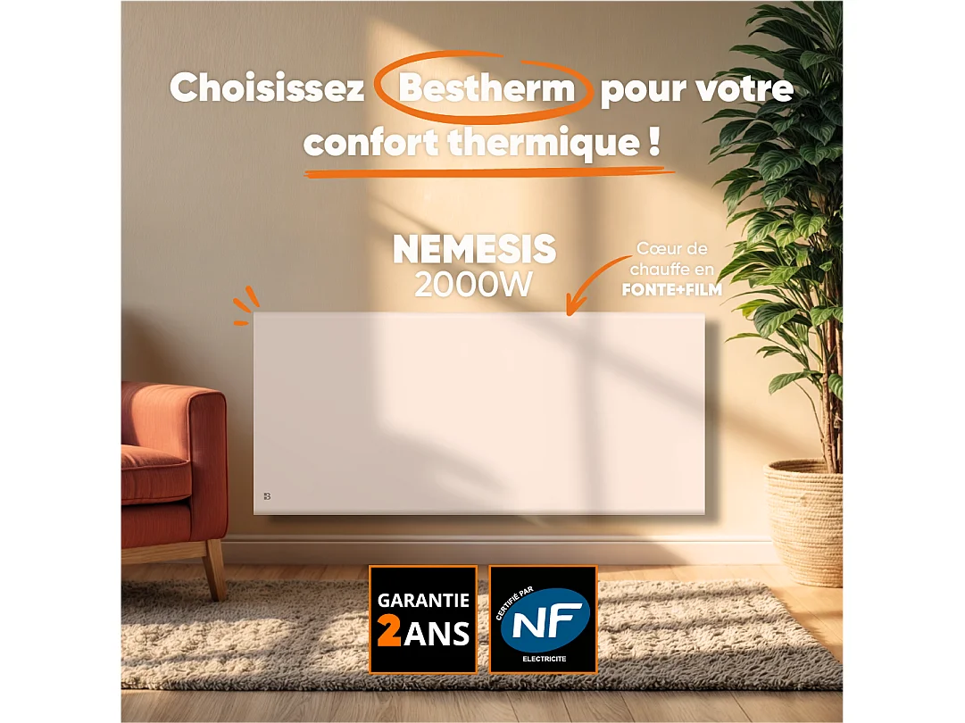 Radiateur électrique fixe à inertie sèche fonte+film 2000W Bestherm NEMESIS horizontal blanc