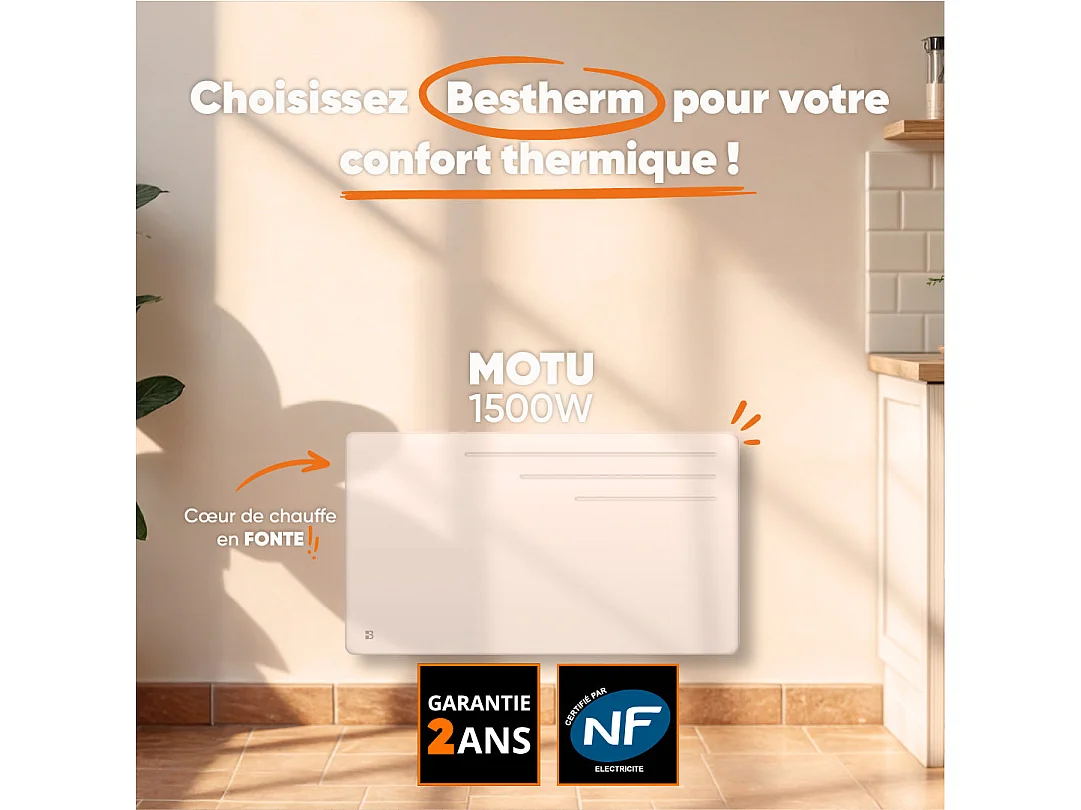 Radiateur électrique fixe à inertie sèche fonte 1500W Bestherm MOTU horizontal blanc