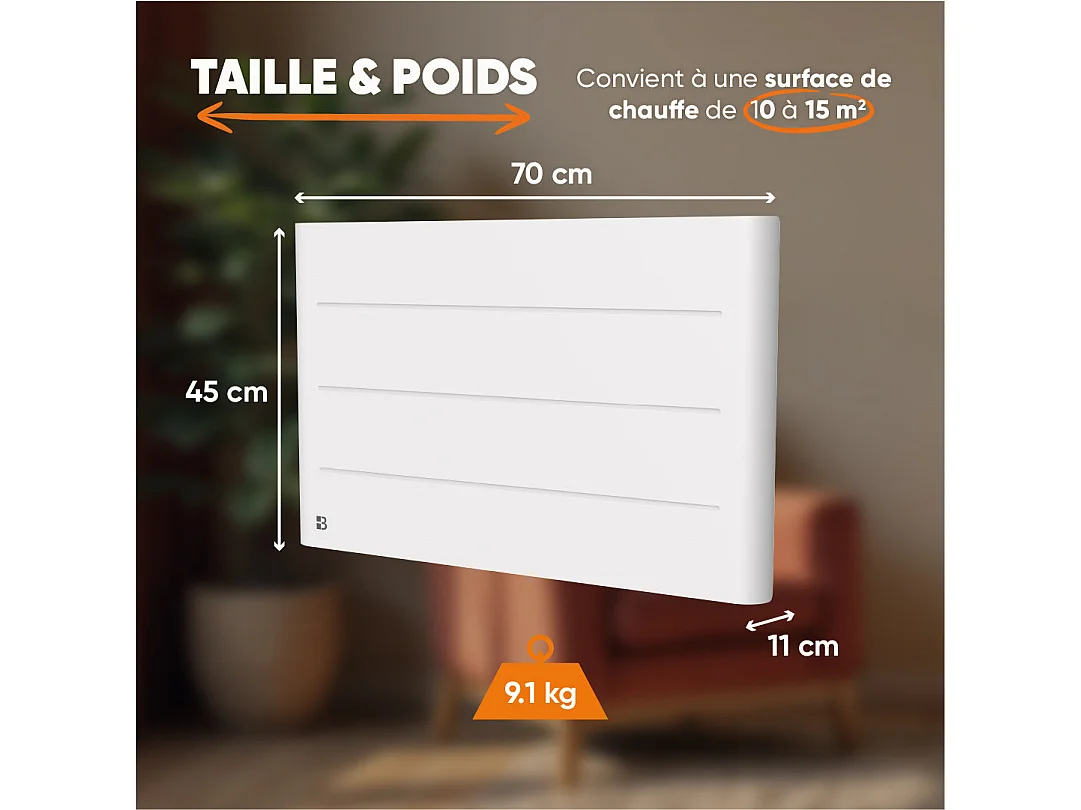 Radiateur électrique fixe à inertie sèche céramique 1500W Bestherm TANIN horizontal blanc