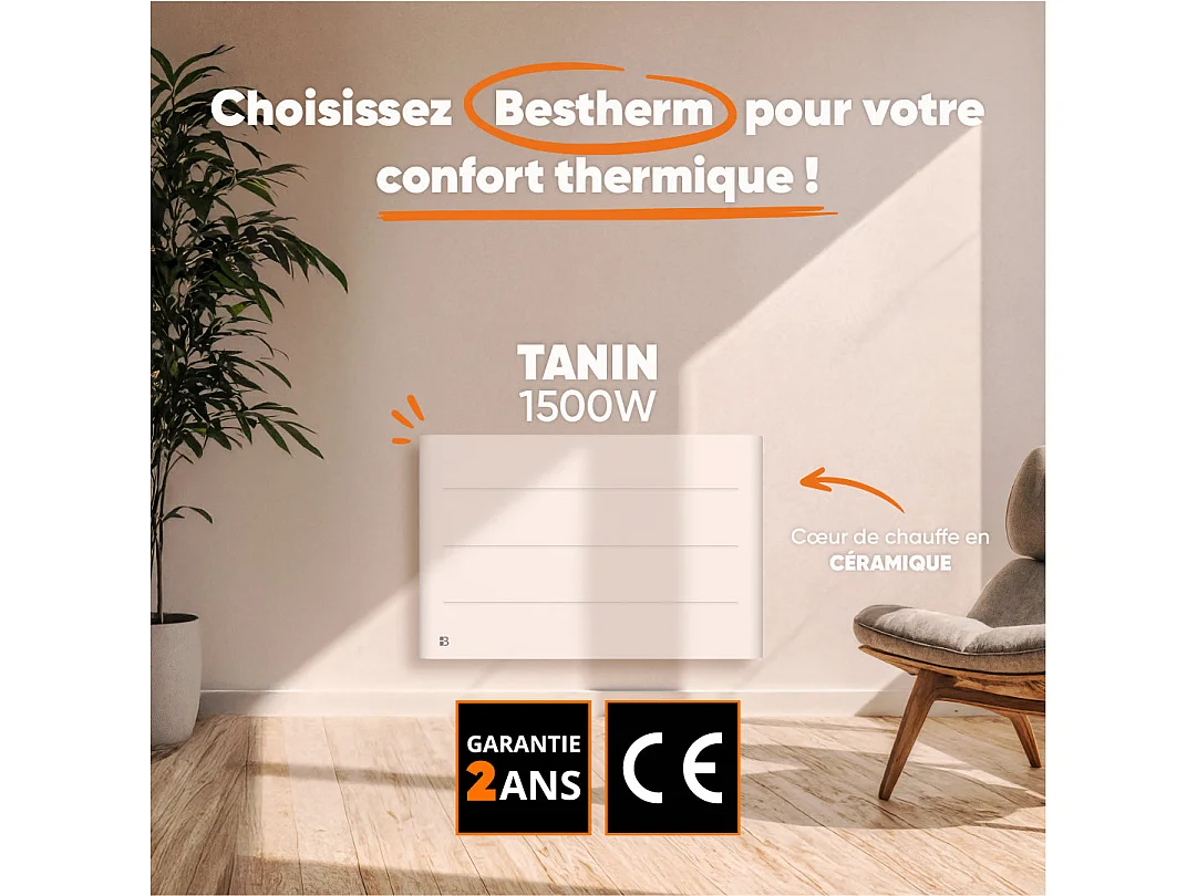 Radiateur électrique fixe à inertie sèche céramique 1500W Bestherm TANIN horizontal blanc