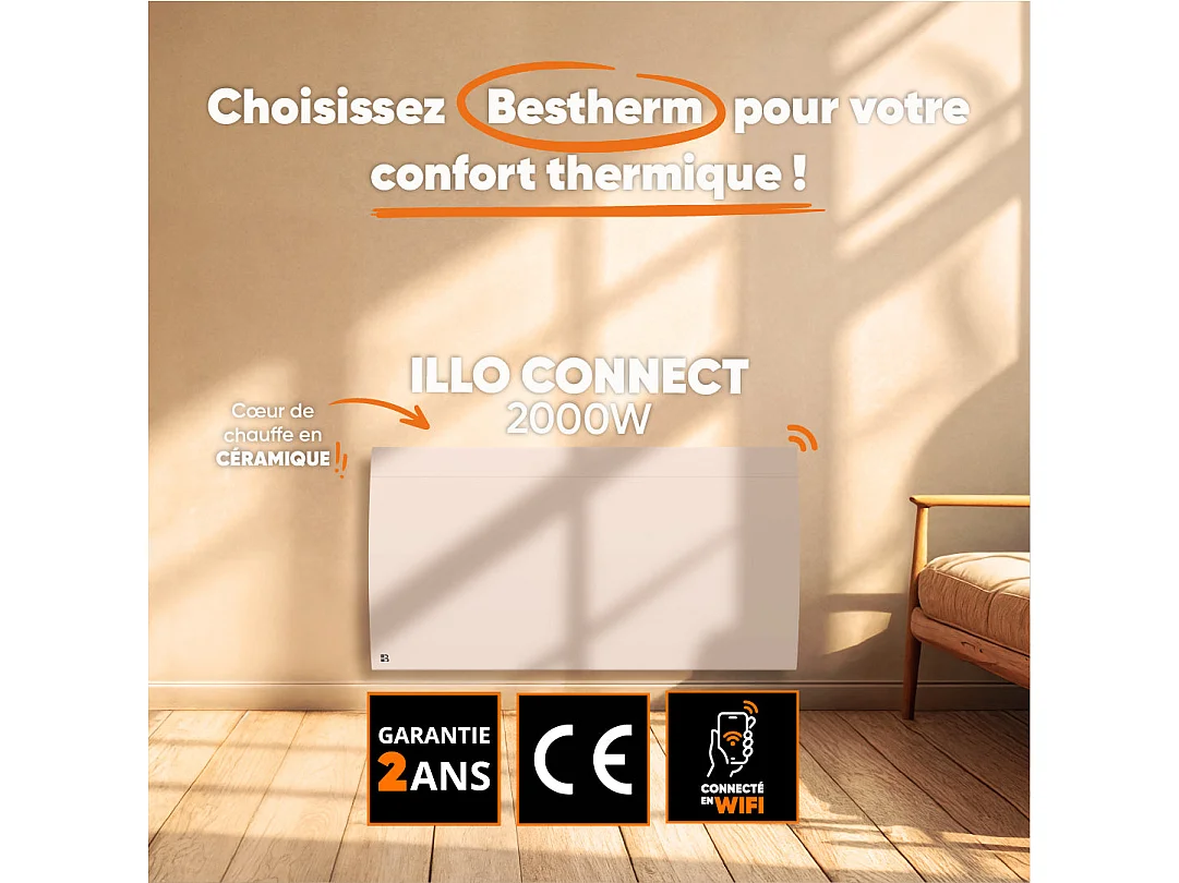 Radiateur électrique fixe connecté WIFI à inertie sèche céramique 2000W Bestherm ILLO CONNECT horizontal blanc