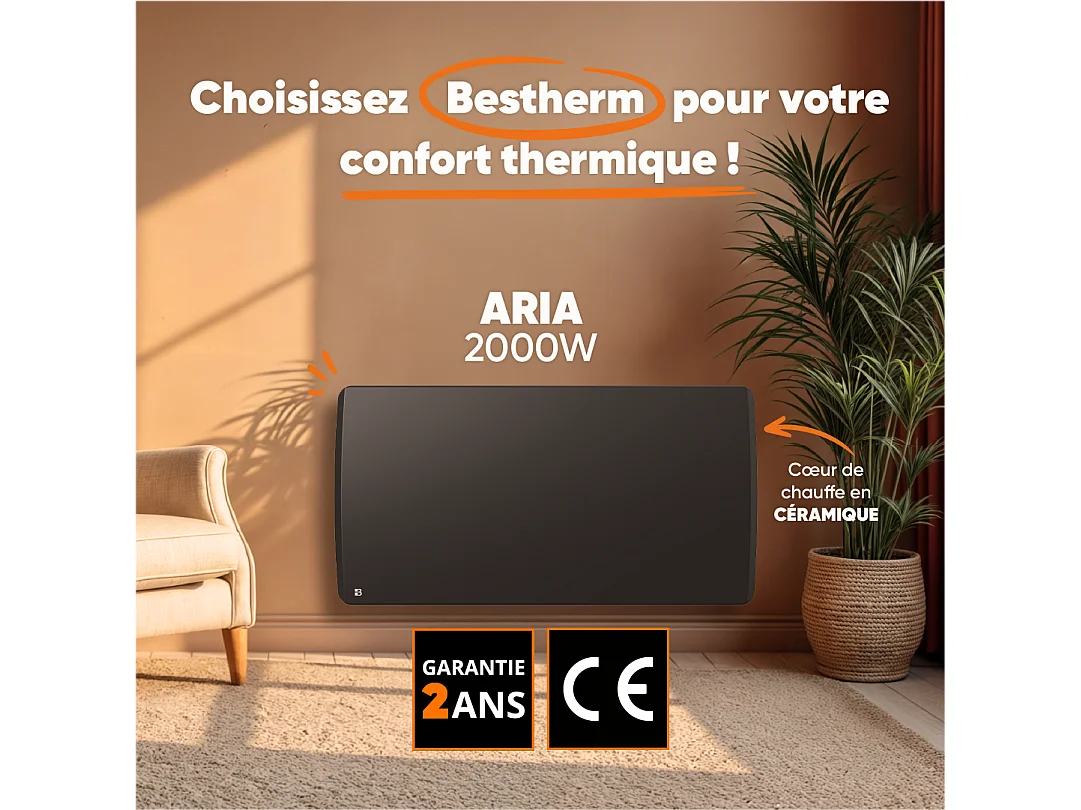 Radiateur électrique fixe à inertie sèche céramique 2000W Bestherm ARIA horizontal noir
