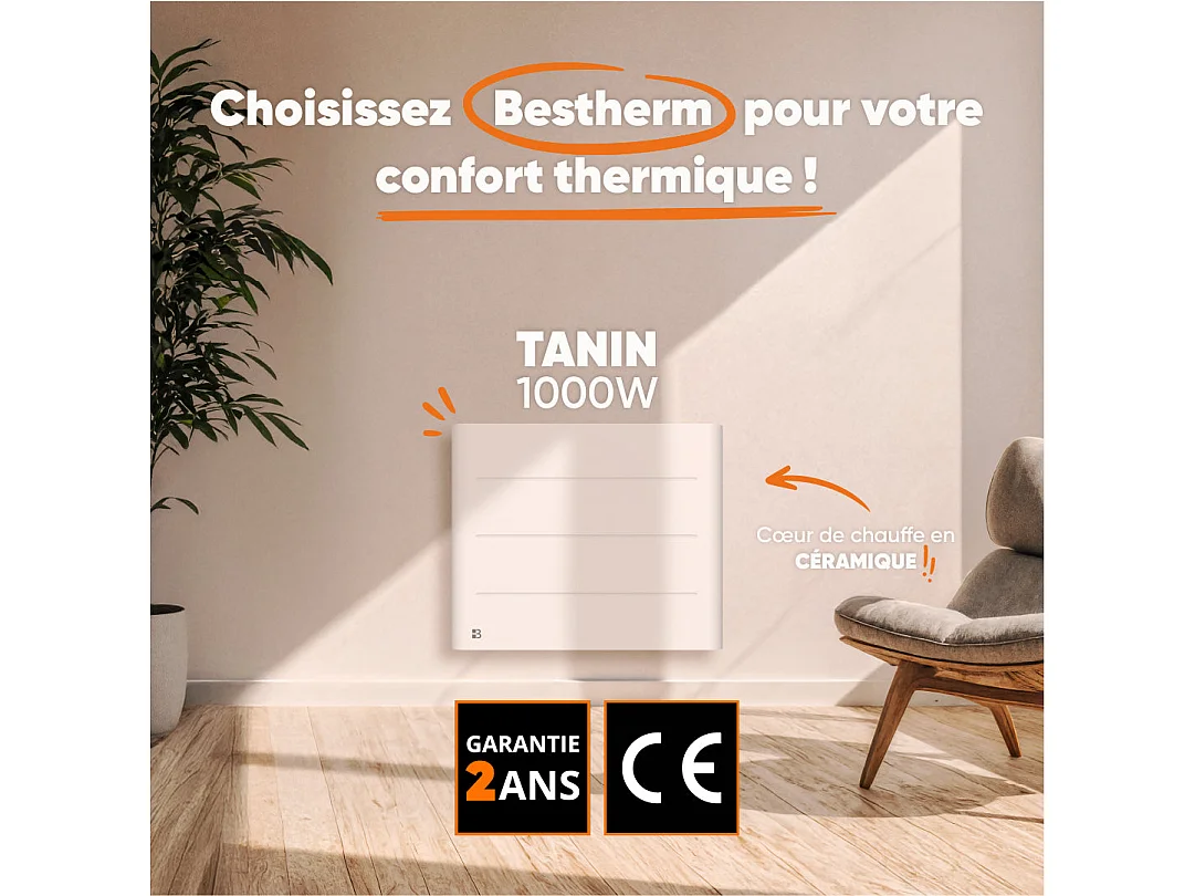 Radiateur électrique fixe à inertie sèche céramique 1000W Bestherm TANIN horizontal blanc