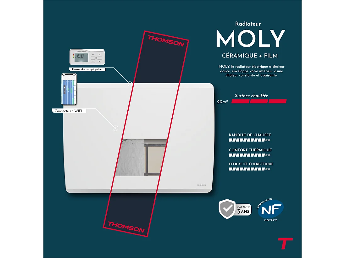 Radiateur électrique fixe connecté WiFi à inertie sèche céramique + film avec thermostat interchangeable 2000W THOMSON MOLY horizontal blanc