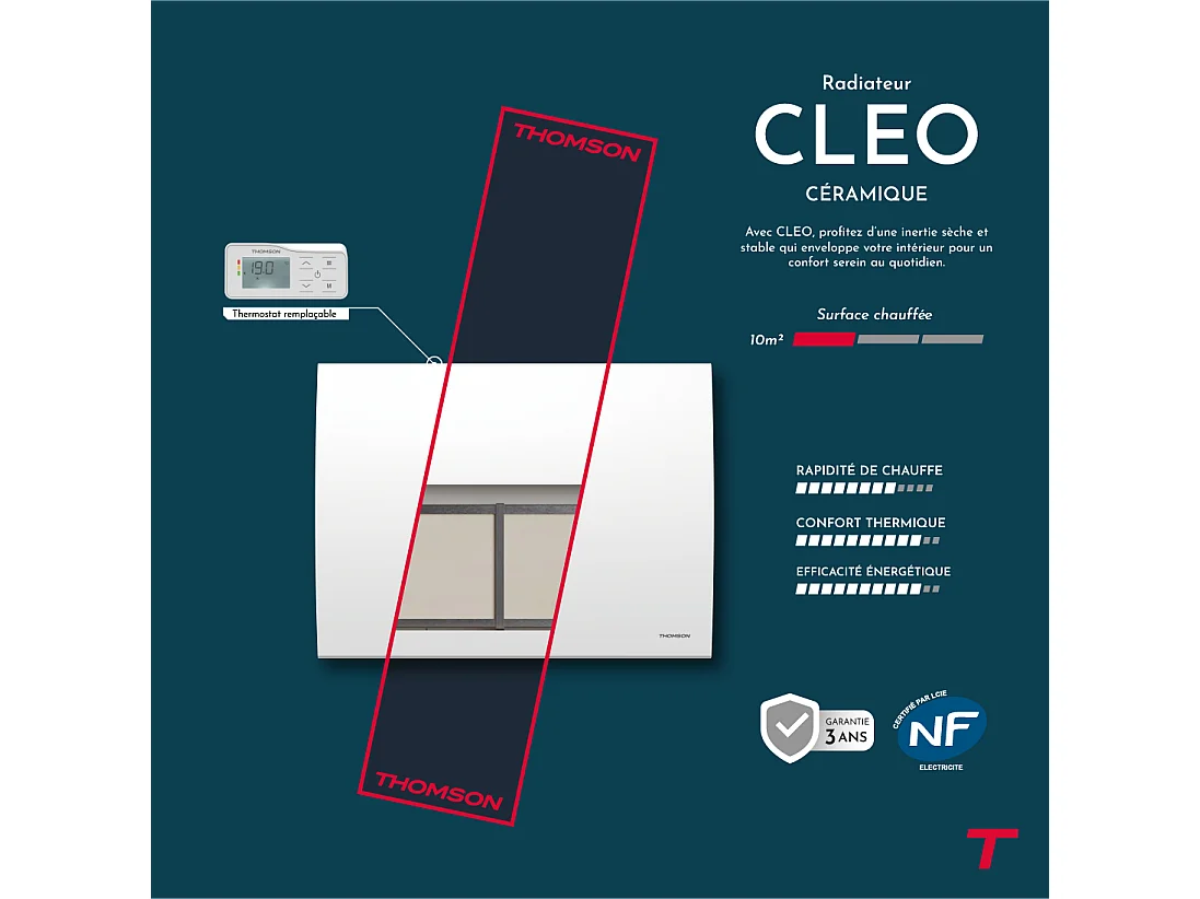 Radiateur électrique fixe à inertie sèche céramique avec thermostat interchangeable 1000W THOMSON CLEO horizontal blanc