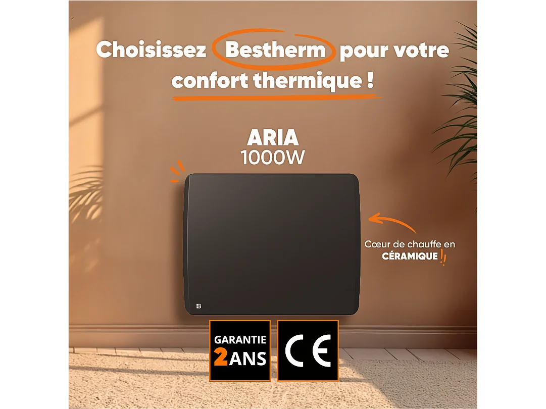 Radiateur électrique fixe à inertie sèche céramique 1000W Bestherm ARIA horizontal noir