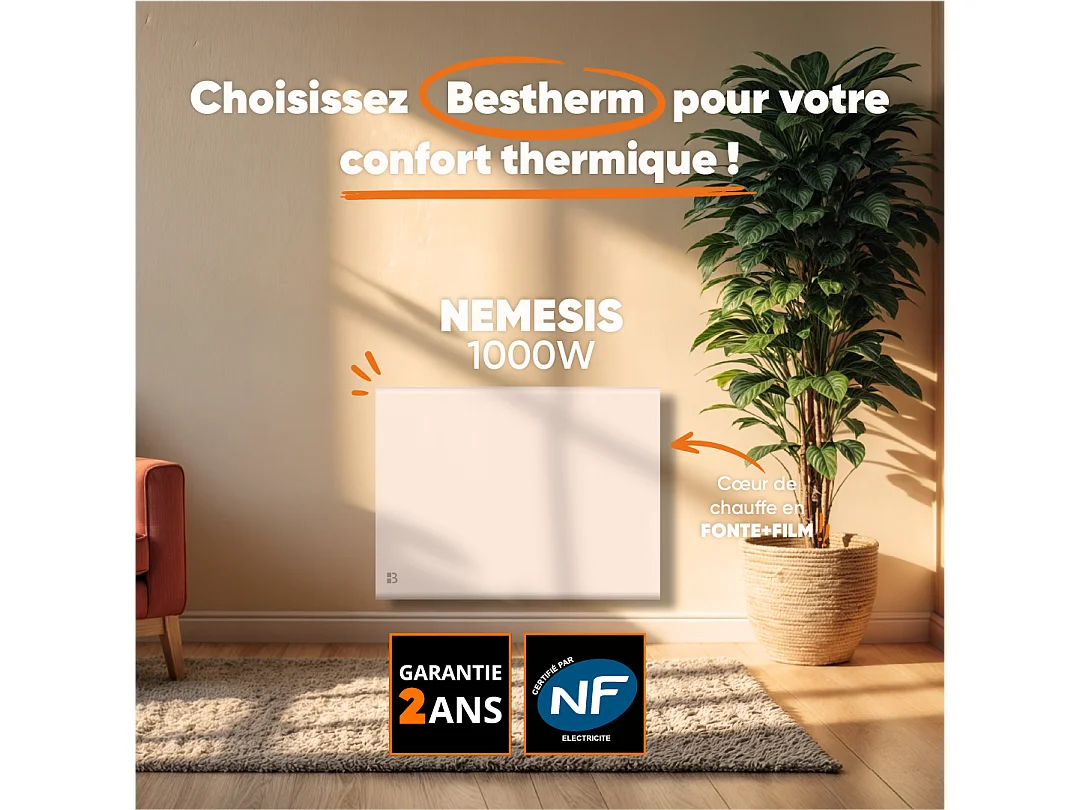 Radiateur électrique fixe à inertie sèche fonte+film 1000W Bestherm NEMESIS horizontal blanc