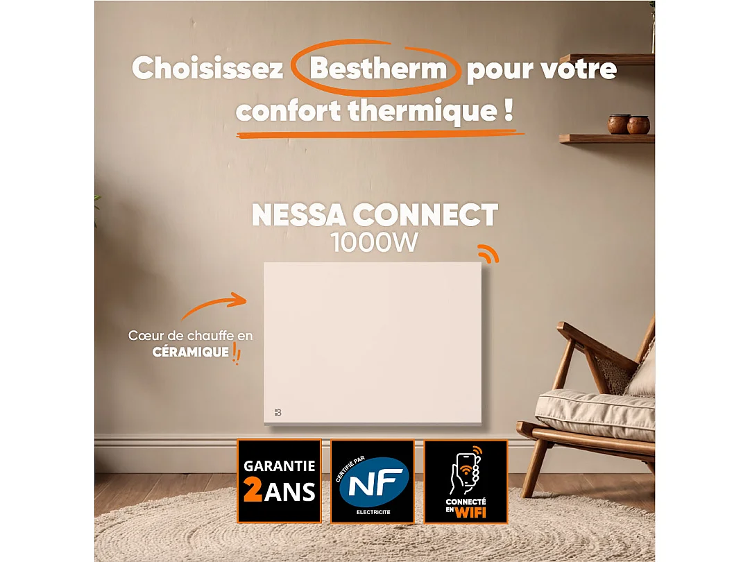 WIFI-verbundener fester elektrischer Heizkörper mit keramischer Trockenträgheit 1000 W NESSA CONNECT horizontal weiß