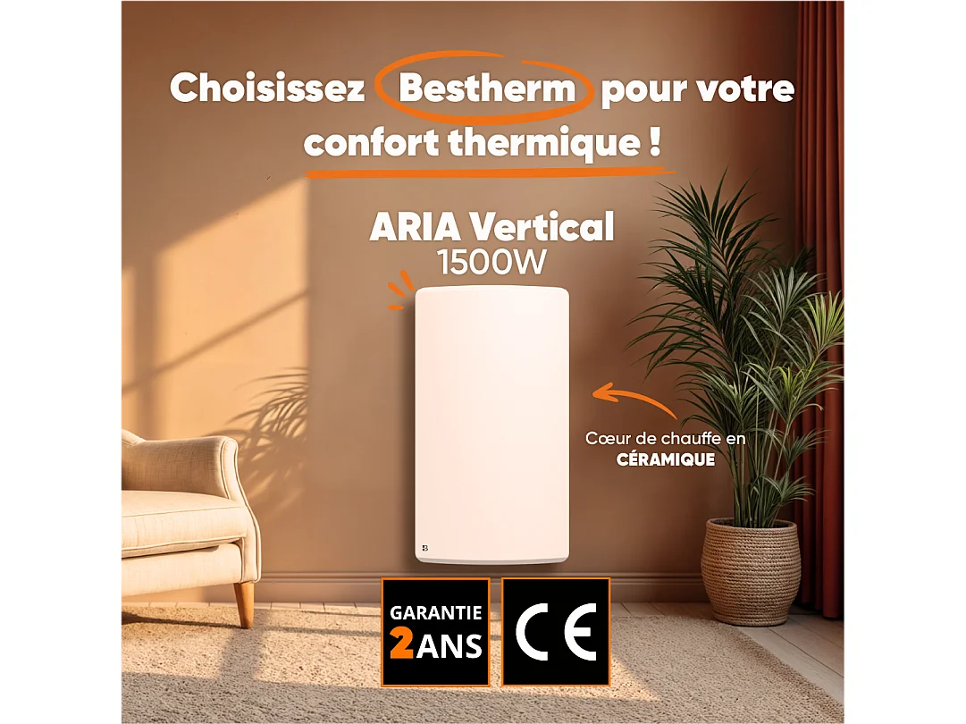 Radiateur électrique fixe à inertie sèche céramique 1500W Bestherm ARIA vertical blanc
