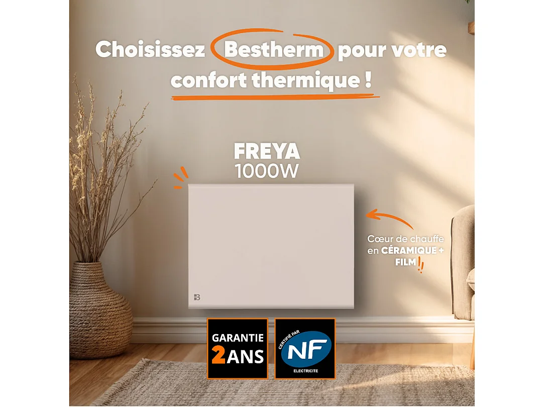 Radiateur électrique fixe à inertie sèche céramique+film 1000W Bestherm FREYA horizontal blanc