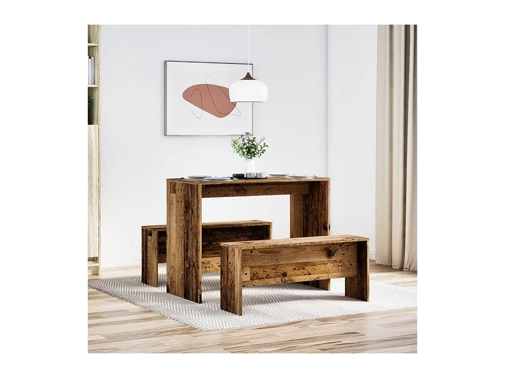 Juego de mesa de comedor y banco de madera de ingeniería de 3 piezas