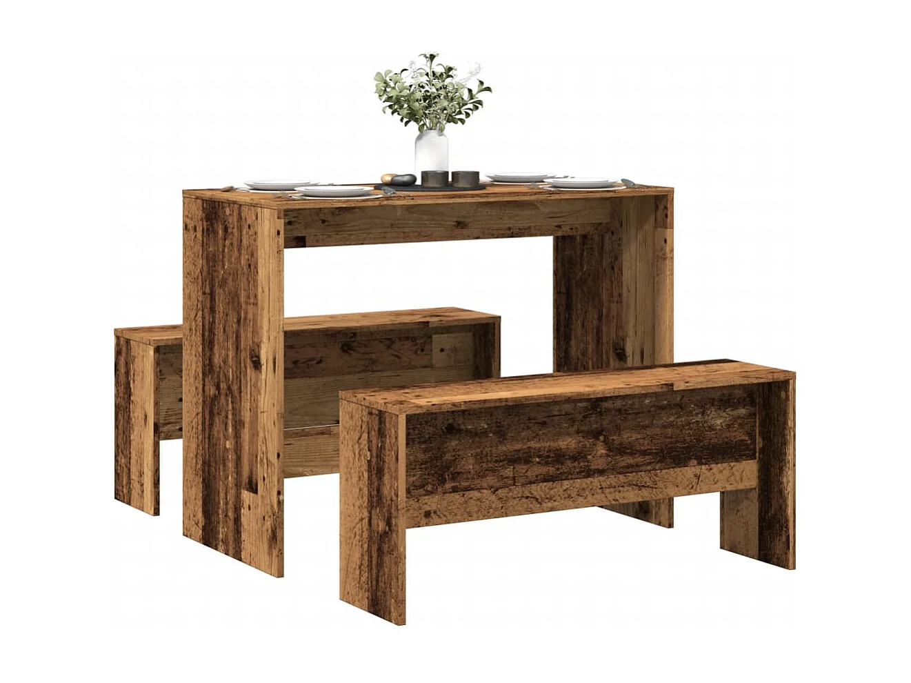 Set da pranzo in legno ingegnerizzato composto da 3 pezzi, tavolo e panca