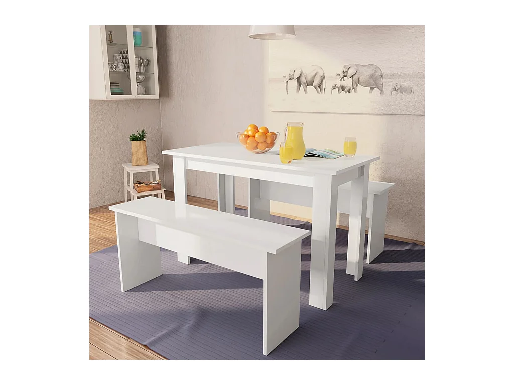 3-delige eettafel en bankenset, bewerkt hout, wit