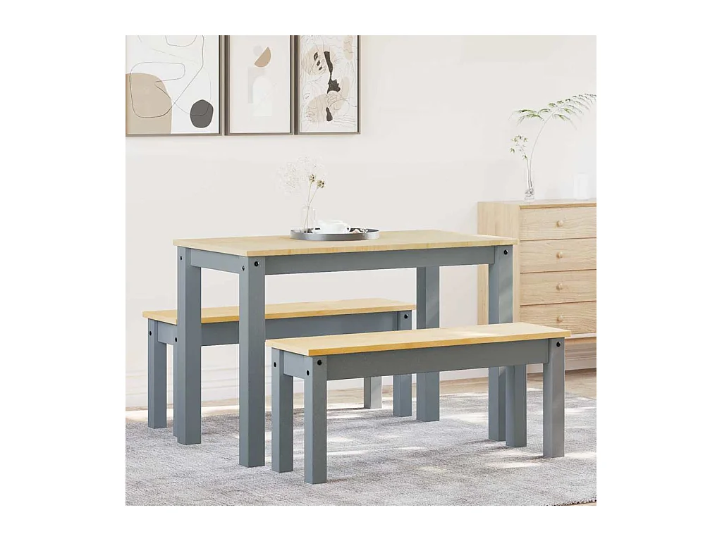 Juego de comedor Panamá de 3 piezas, gris, madera maciza de pino