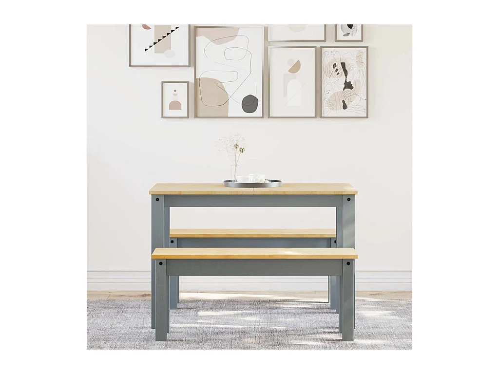 Juego de comedor Panamá de 3 piezas, gris, madera maciza de pino