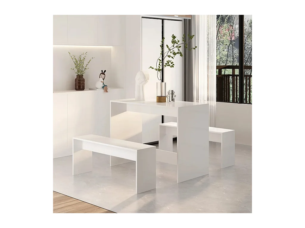 Eetkamerset 3-delig, hoogglans wit, bewerkt hout
