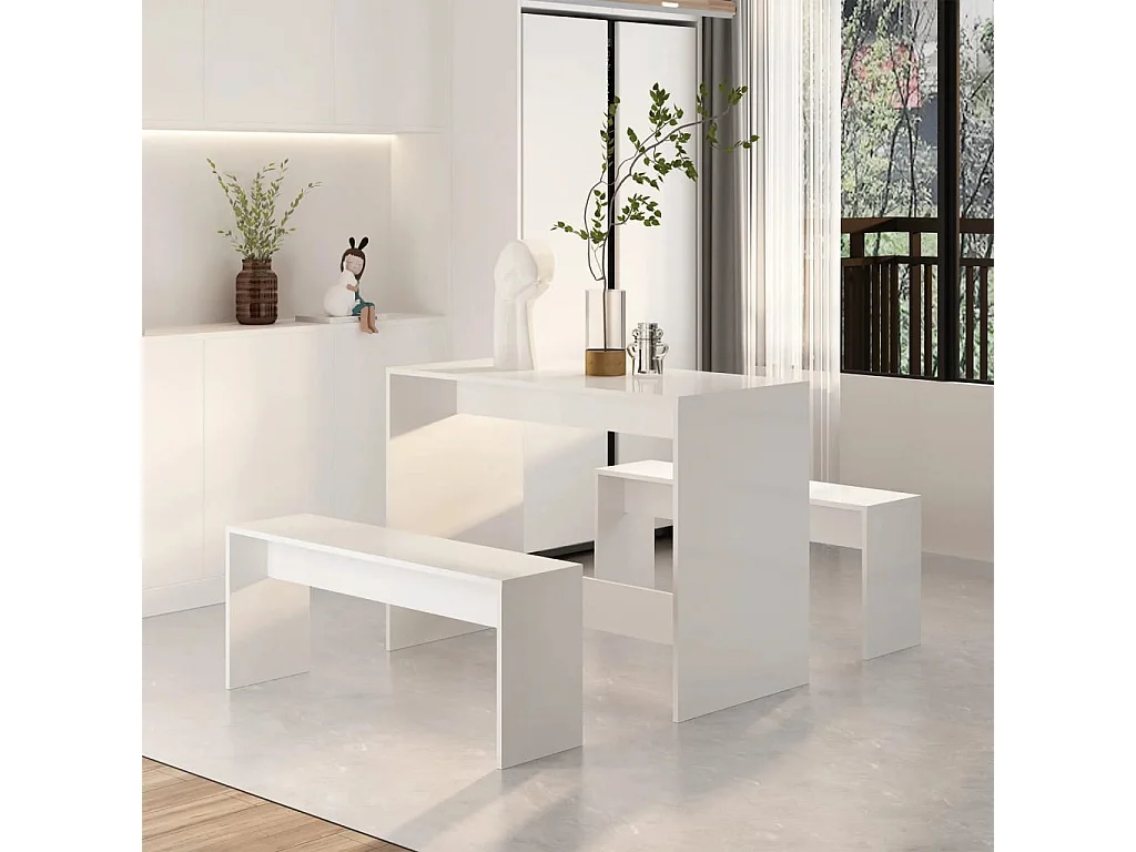 Set da pranzo da 3 pezzi, bianco lucido, legno ingegnerizzato