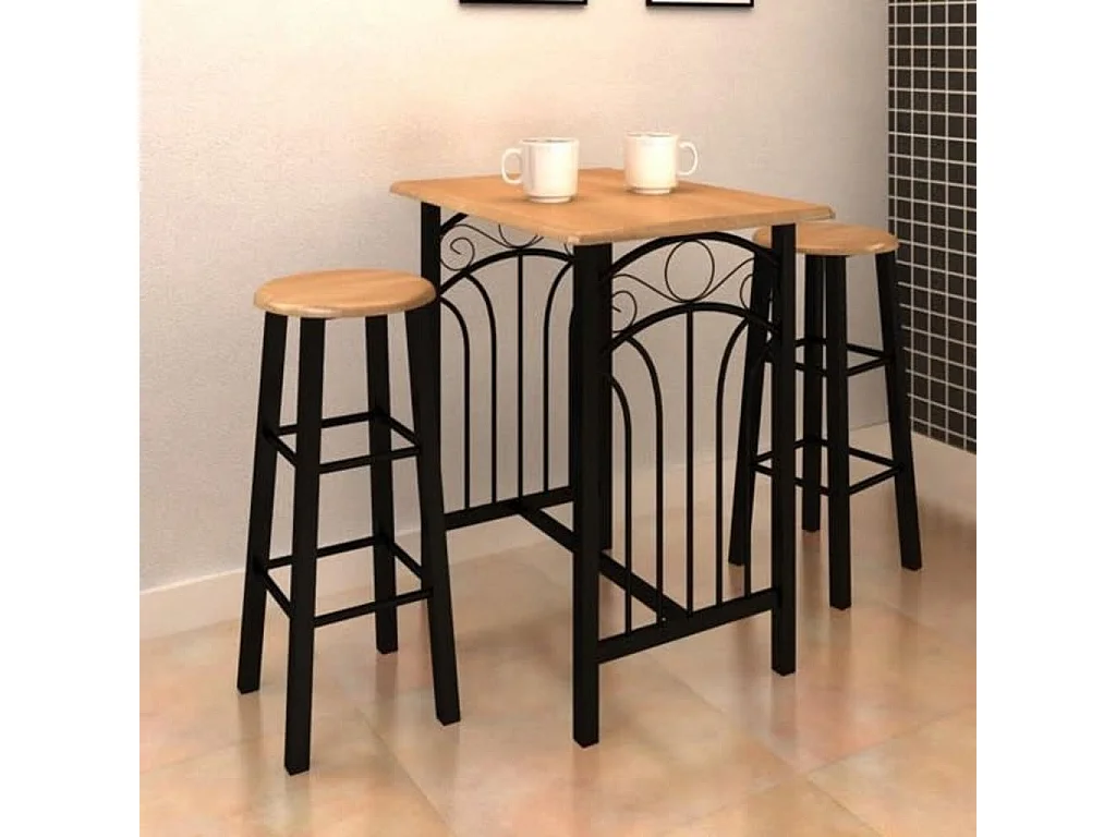 Juego de mesa de comedor de madera marrón rojiza con acero negro