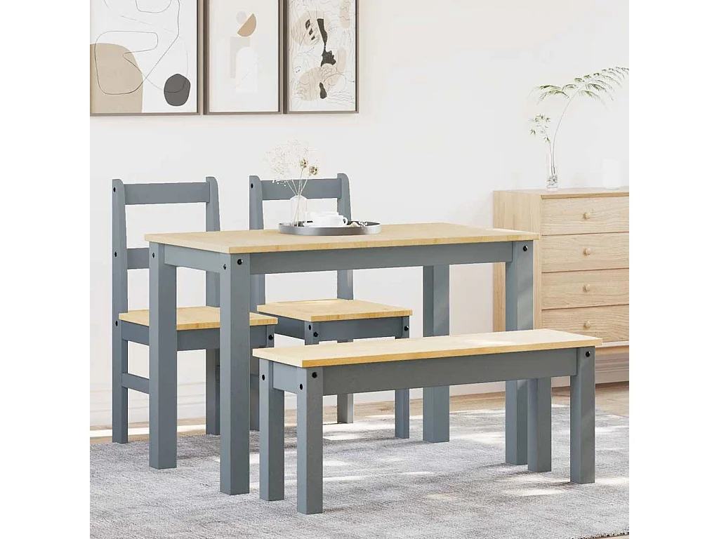 Juego de comedor Panamá de 4 piezas, gris, madera maciza de pino