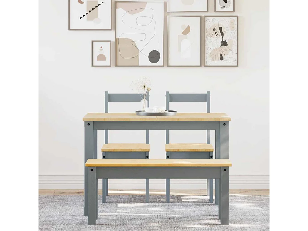 Juego de comedor Panamá de 4 piezas, gris, madera maciza de pino