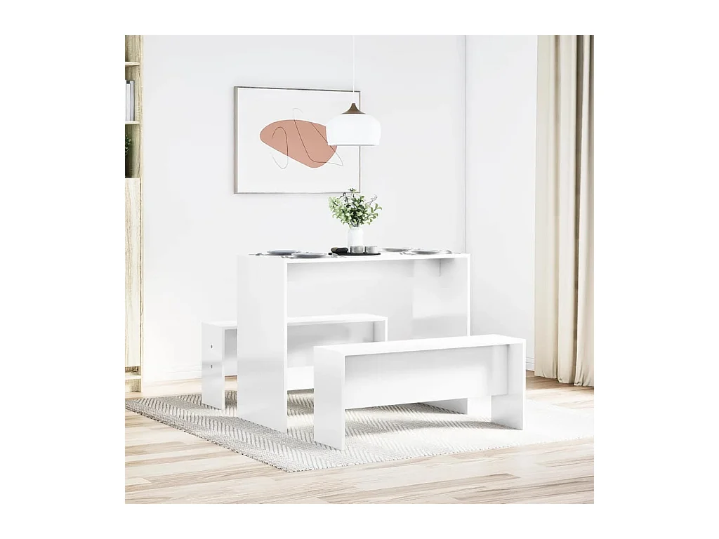 3-delige eettafel en bankset van bewerkt hout