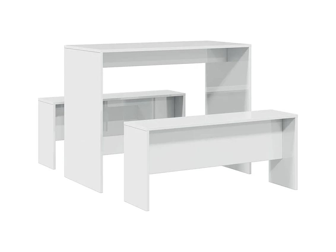 3-delige eettafel en bankset van bewerkt hout