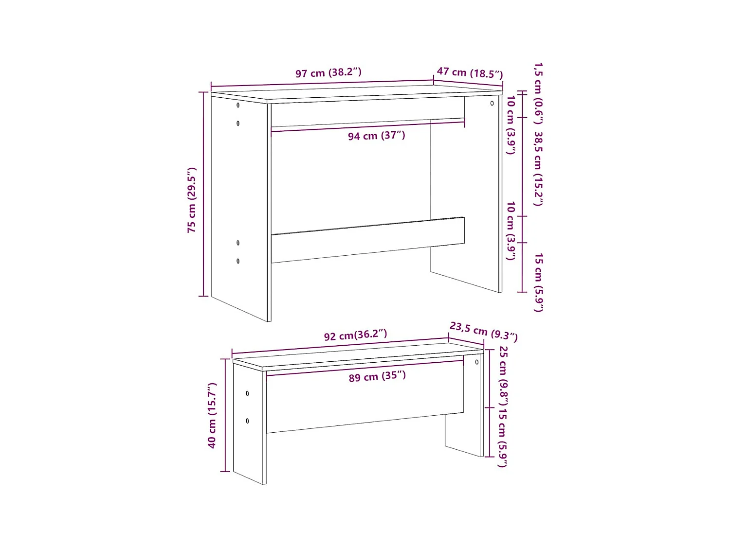 3-delige eettafel en bankset van bewerkt hout