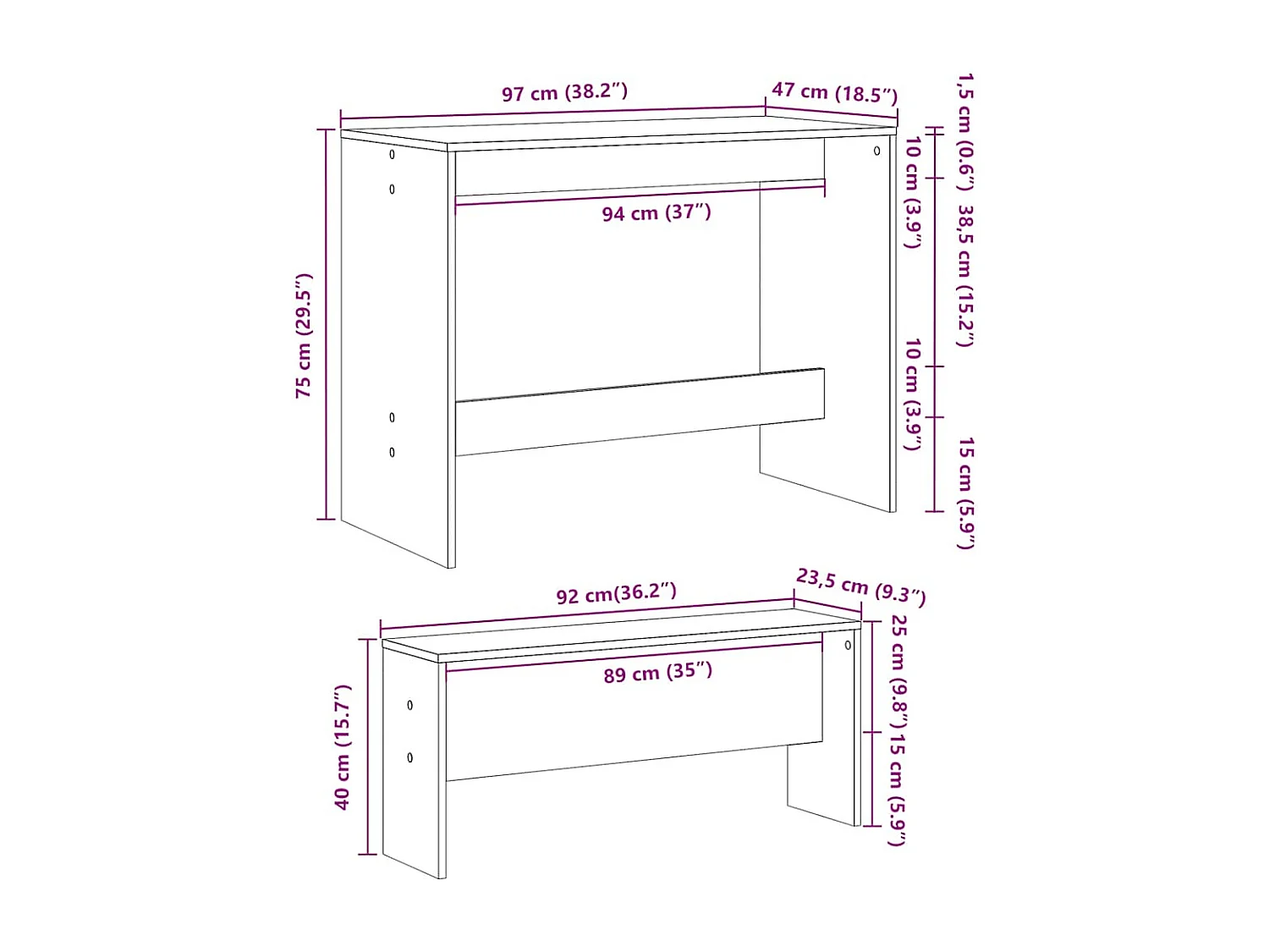 Set da pranzo in legno ingegnerizzato composto da 3 pezzi, tavolo e panca