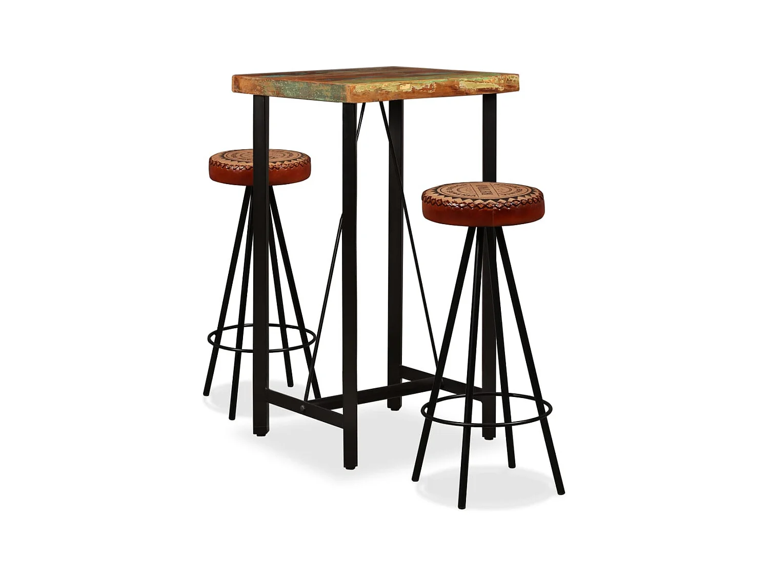 Juego de bar de 3 piezas Madera recuperada Cuero genuino y lona