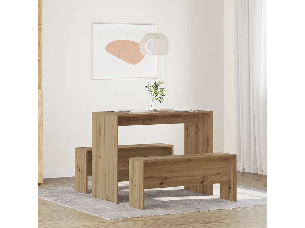 Set da pranzo in legno ingegnerizzato composto da 3 pezzi, tavolo e panca