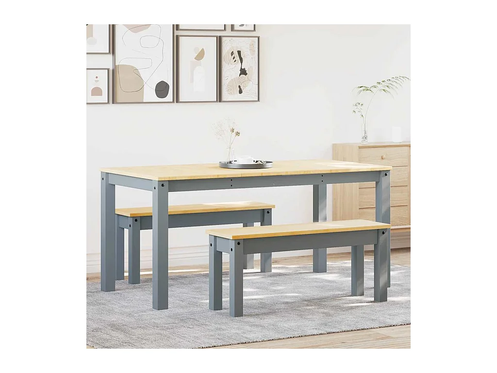 Juego de comedor Panamá de 3 piezas, gris, madera maciza de pino
