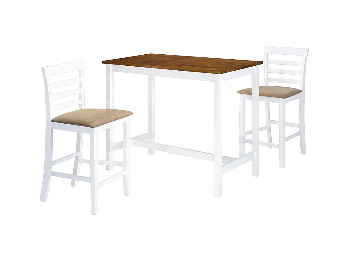 Juego de mesa y sillas de bar de 3 piezas, madera maciza, marrón y blanco
