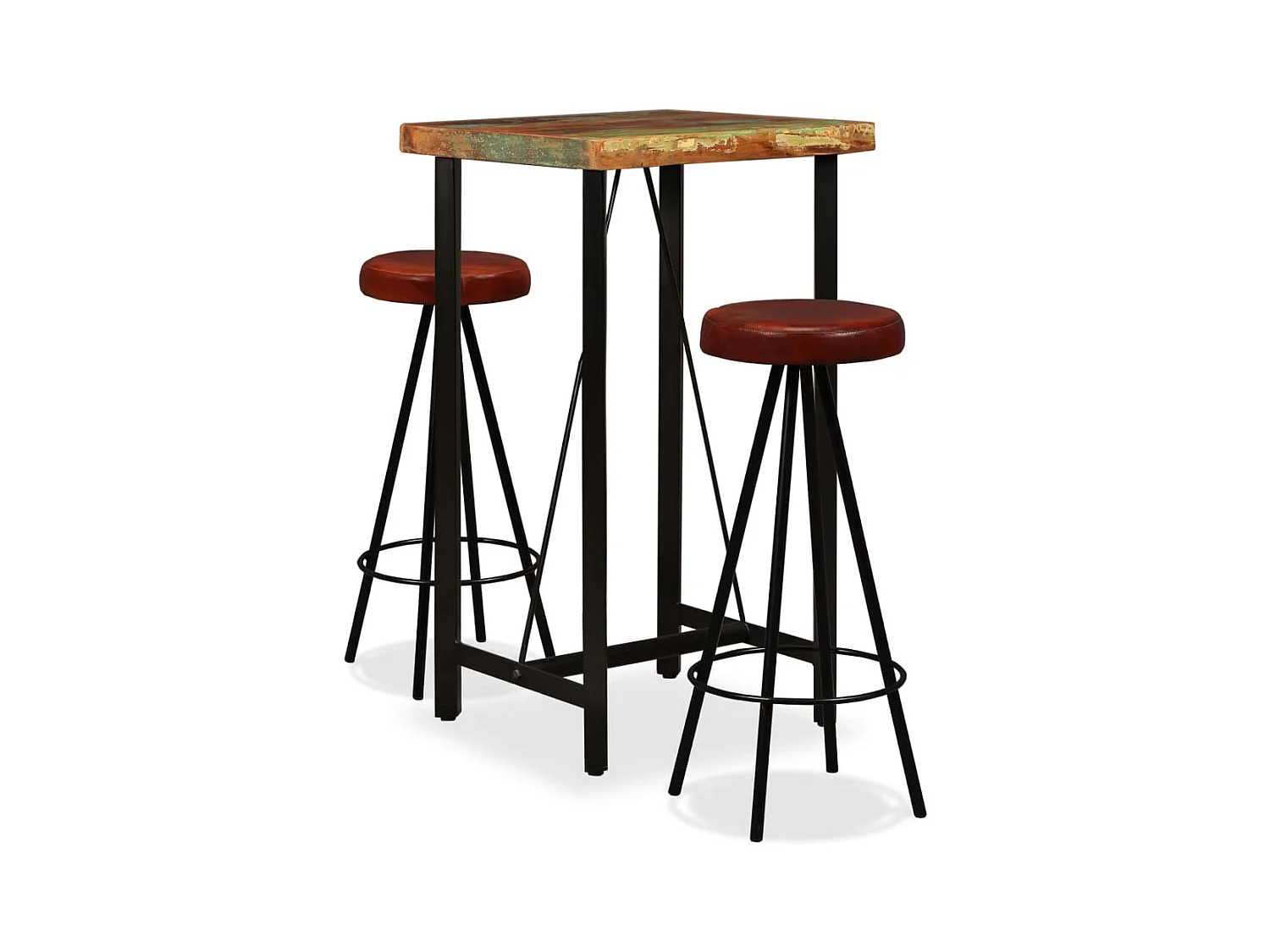 Juego de bar de 3 piezas fabricado con madera maciza reciclada y cuero genuino.