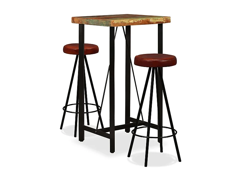 Ensemble de bar 3 pcs Bois massif recyclé et cuir véritable