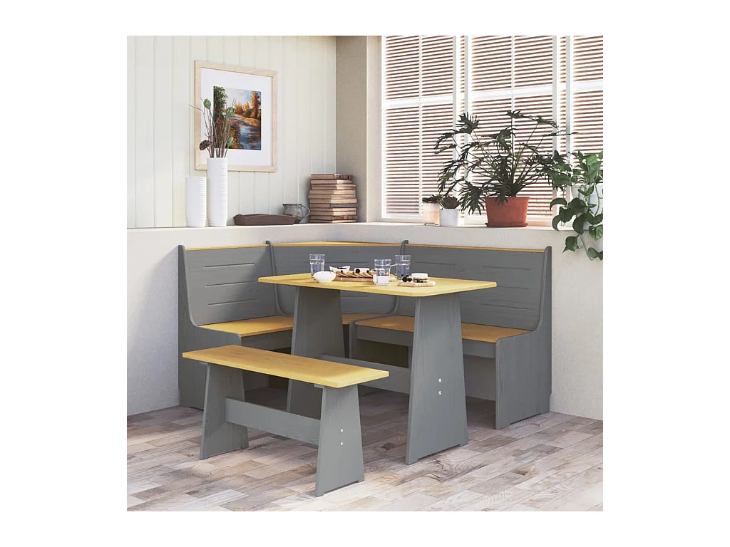 Juego de comedor REINE de 3 piezas en madera maciza de pino color marrón miel y gris