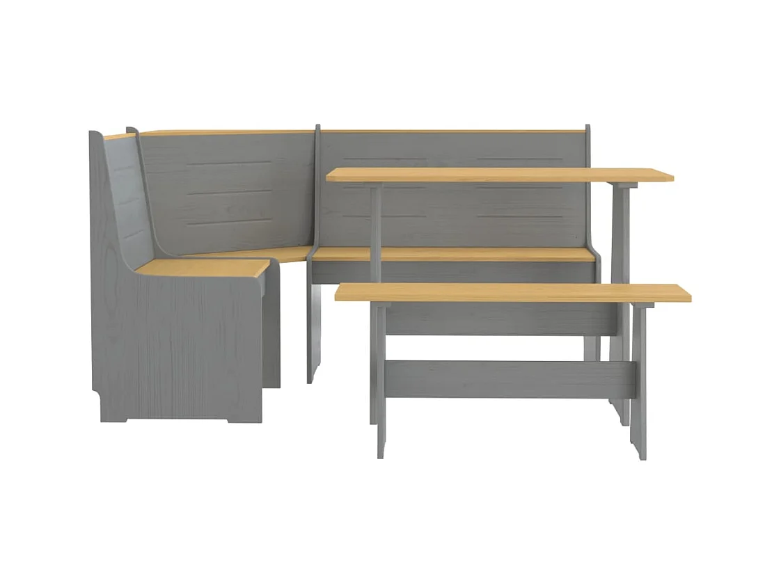 Juego de comedor REINE de 3 piezas en madera maciza de pino color marrón miel y gris