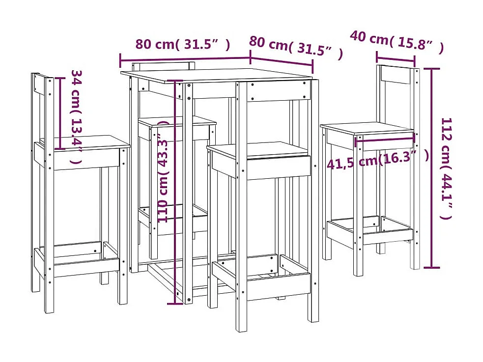 5-delige barset van massief grenenhout