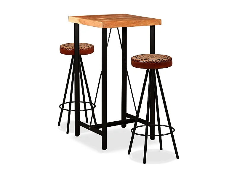 Juego de bar de 3 piezas Madera de acacia Cuero genuino y lona