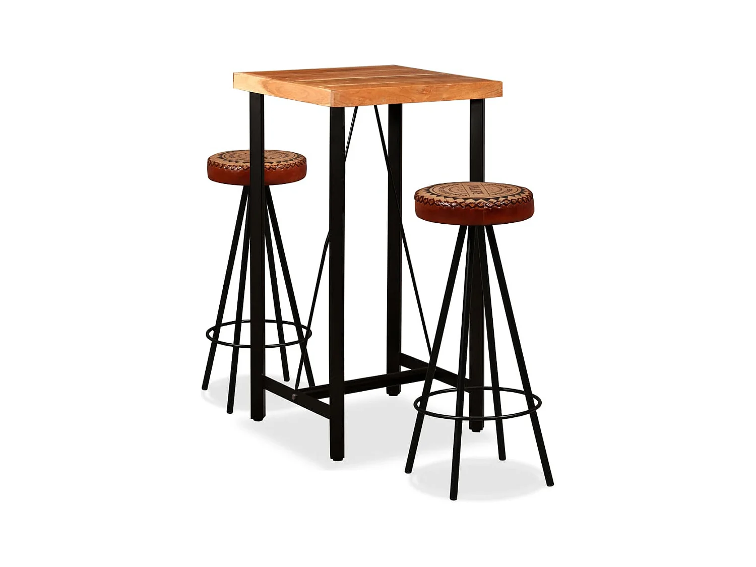 Juego de bar de 3 piezas Madera de acacia Cuero genuino y lona