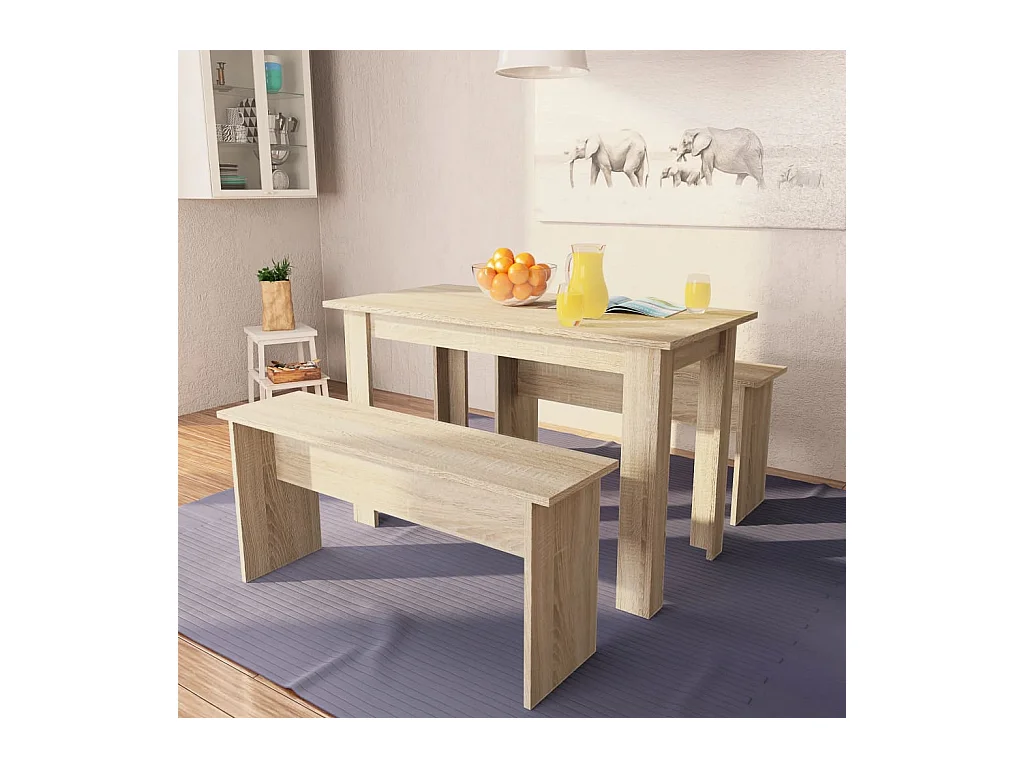 Conjunto de mesa de comedor y banco de 3 piezas, madera de ingeniería, roble