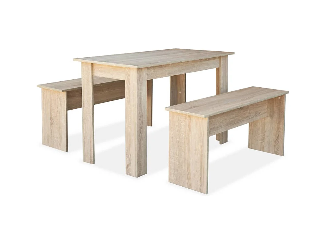 Conjunto de mesa de comedor y banco de 3 piezas, madera de ingeniería, roble