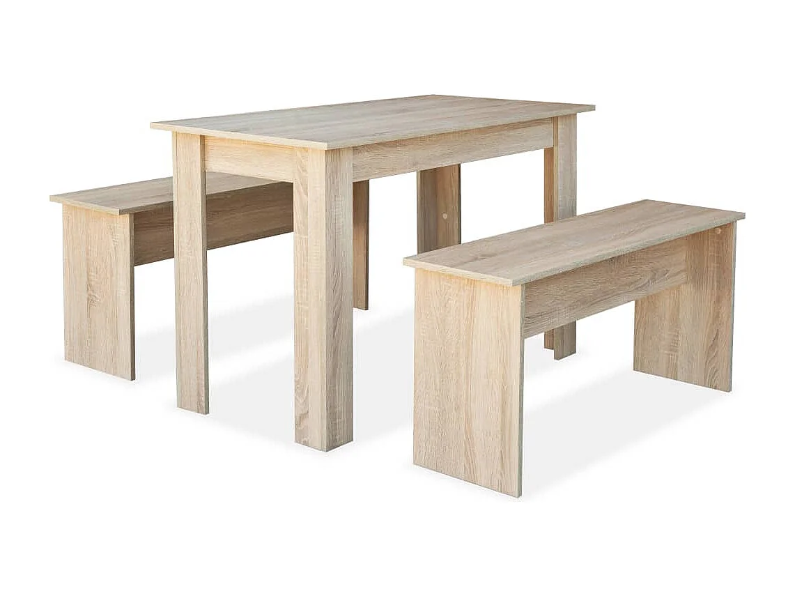 Set tavolo da pranzo e panca da 3 pezzi, legno ingegnerizzato, rovere