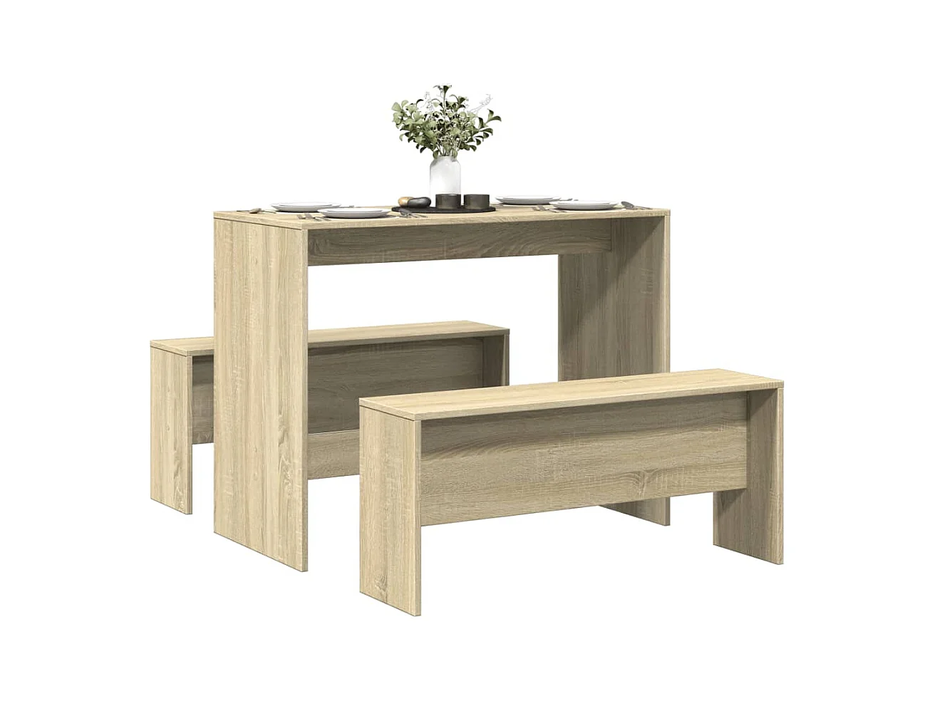 Juego de mesa de comedor y banco de madera de ingeniería de 3 piezas