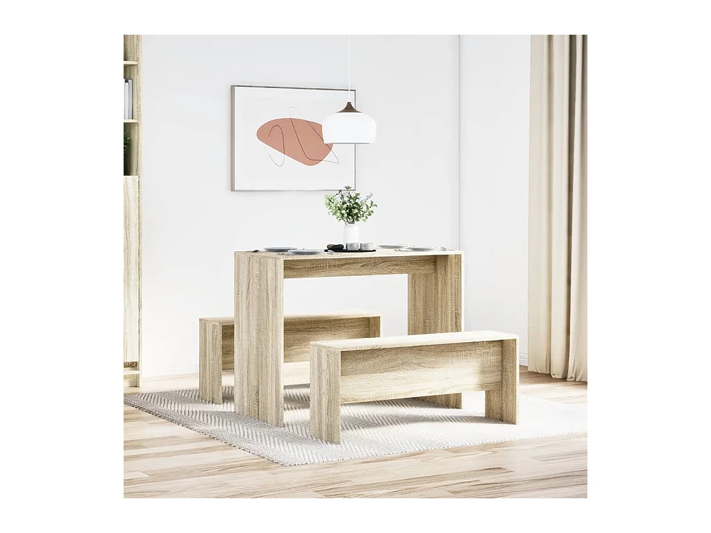 Juego de mesa de comedor y banco de madera de ingeniería de 3 piezas