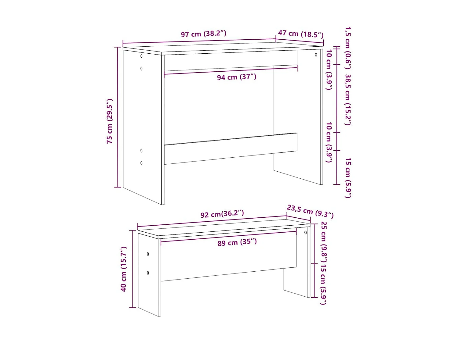 Conjunto de mesa de comedor y banco de 3 piezas, color negro, madera de ingeniería