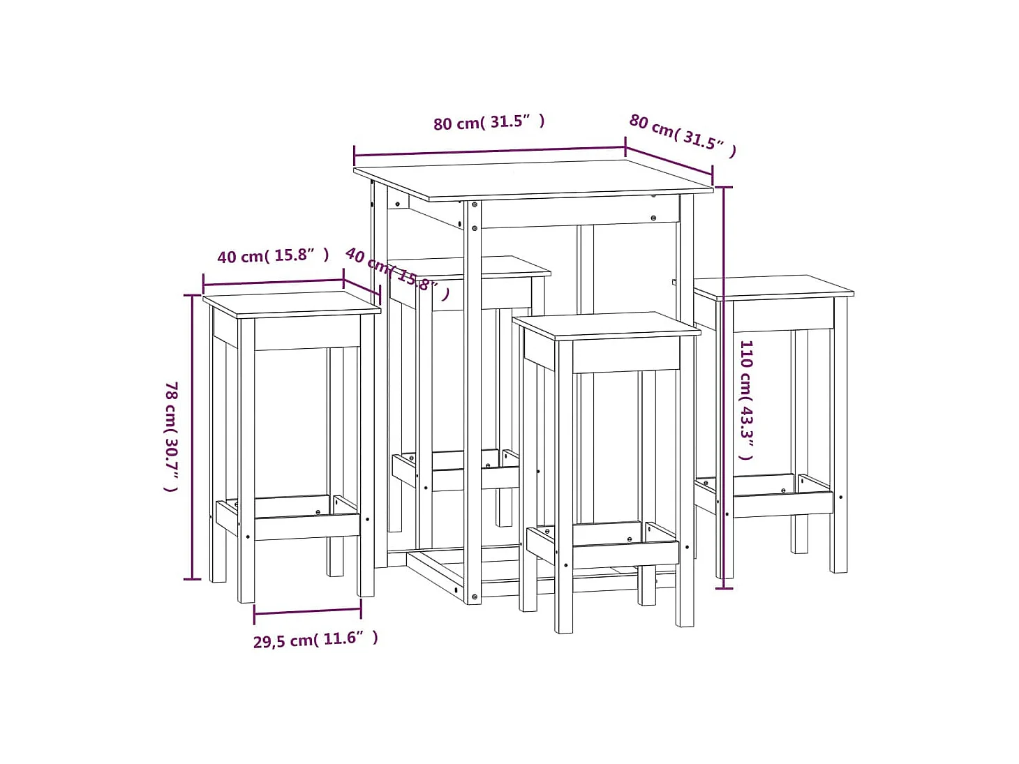 5-delige barset Wit Massief grenenhout